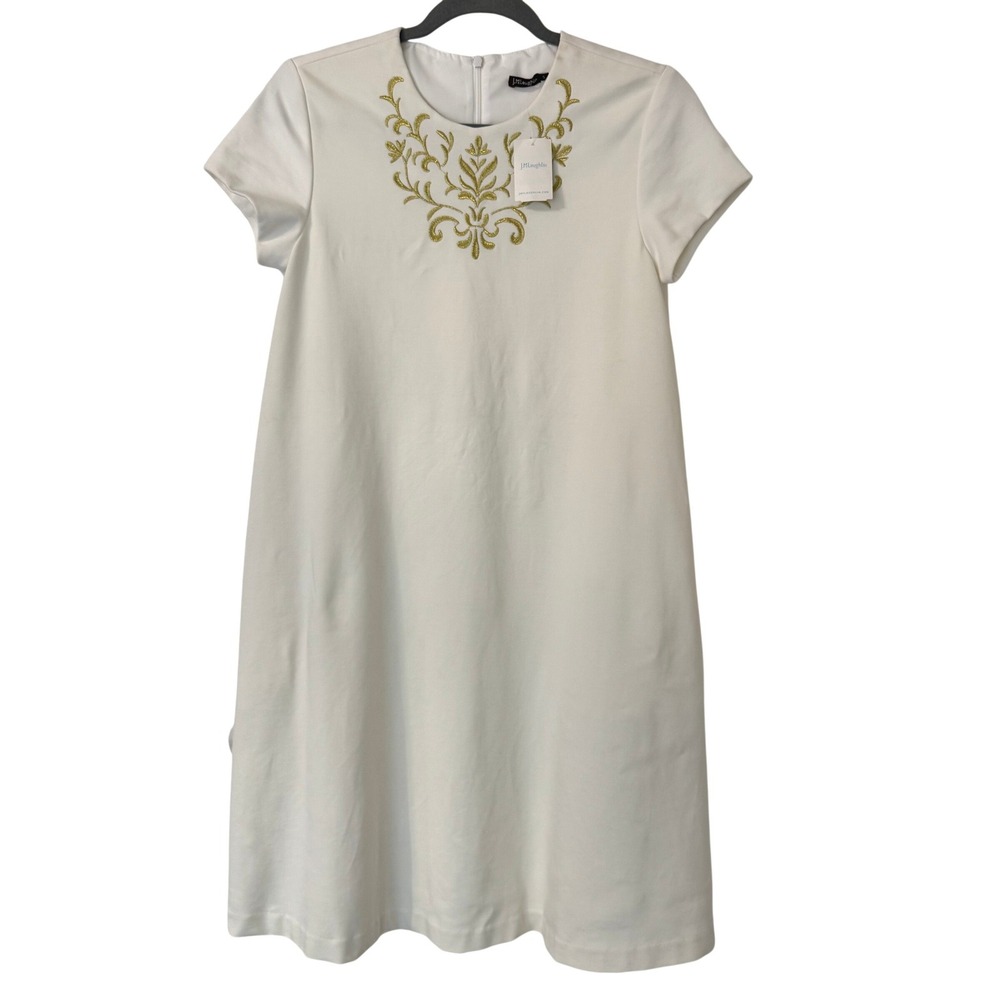 J.McLaughlin Ivory Gold Embroidered Short Sleeve Shift Dress Small NWT